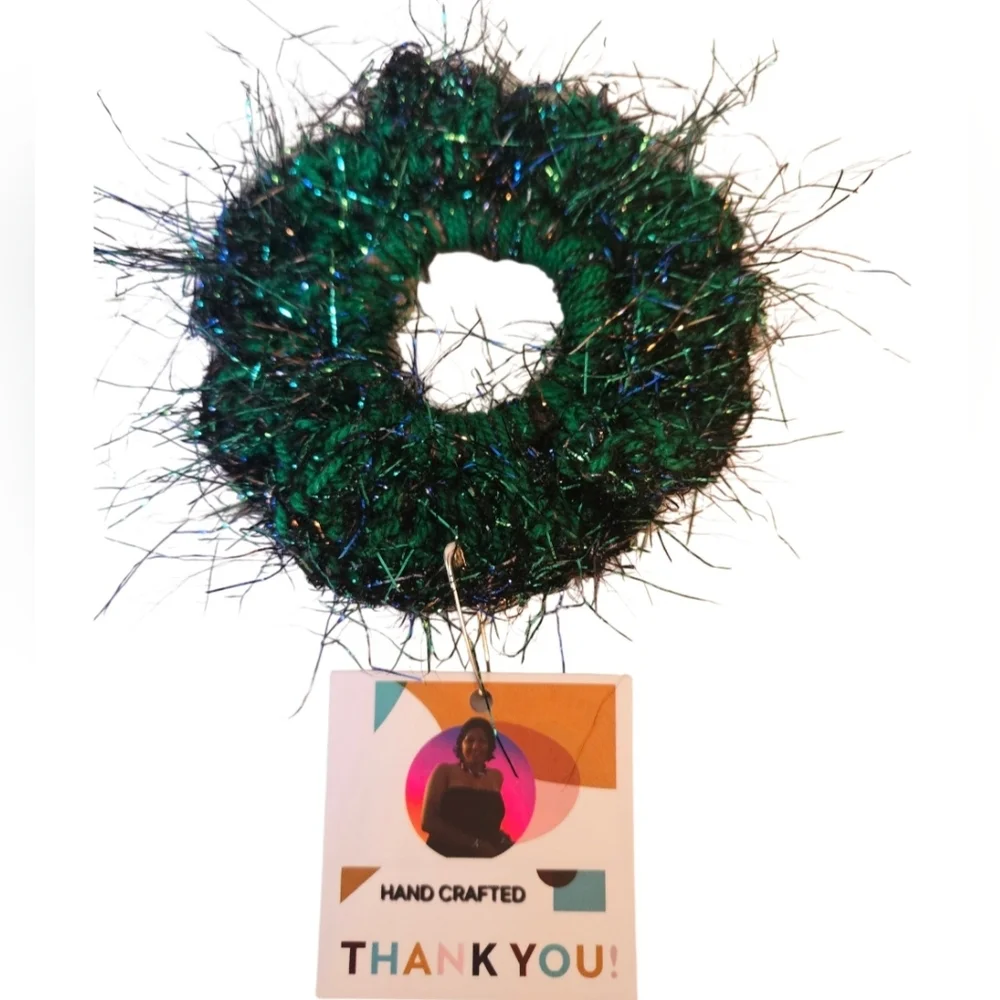 Handcrafted Whimsical Peacock Scrunchie  Mermaid-Inspired Crochet Hair Accessory
